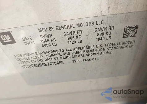 2014 Chevrolet Cruze 1Lt Auto from USA, damaged, VIN 1G1PC5SB0E7470408